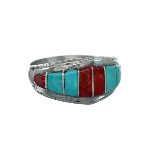Turquoise and Coral Inlay Native American Sterling Silver Ring Size 8-1/4 NN20587